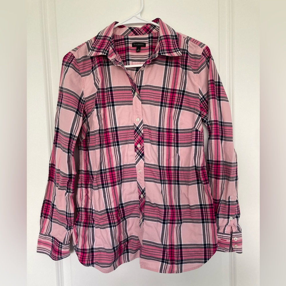Talbots Pink and Black Button Down Plaid Shirt Women’s Small